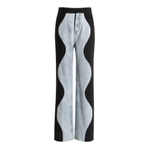Schwarze, blaue Jeans mit Wellenstichen und geradem, weitem Bein, elegante Hose für Internet-Berühmtheiten